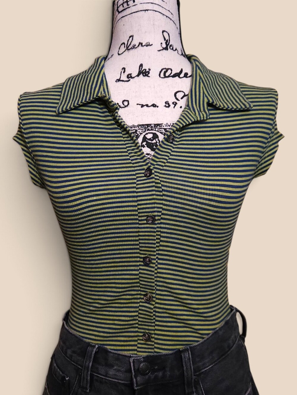 Edikted Lime Green Navy Striped Ribbed Polo Bodysuit S Y2K Downtown Girl